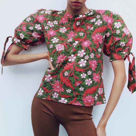 Zara tied sleeve top in floral print m - Picture 2 of 10